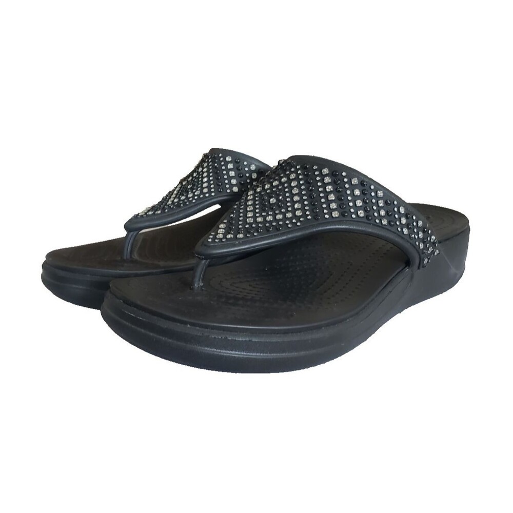 Crocs Sandals Women's Size 9 Monterey Shimmer Wedge Thong Flip Flops Black